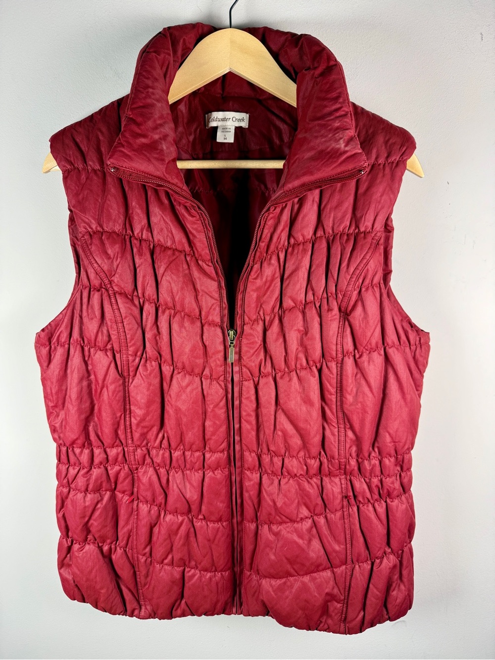 Coldwater Creek Cranberry Red Ruched Quilted Puffer Vest Fall Sz L